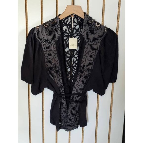 NWT Free People Black Lace Tie Blossom Top - Large - Picture 2 of 5